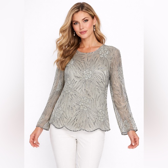 Tops - Vintage Pure Silk Beaded Floral Sheer Blouse Long Sleeve Art Ethereal Top